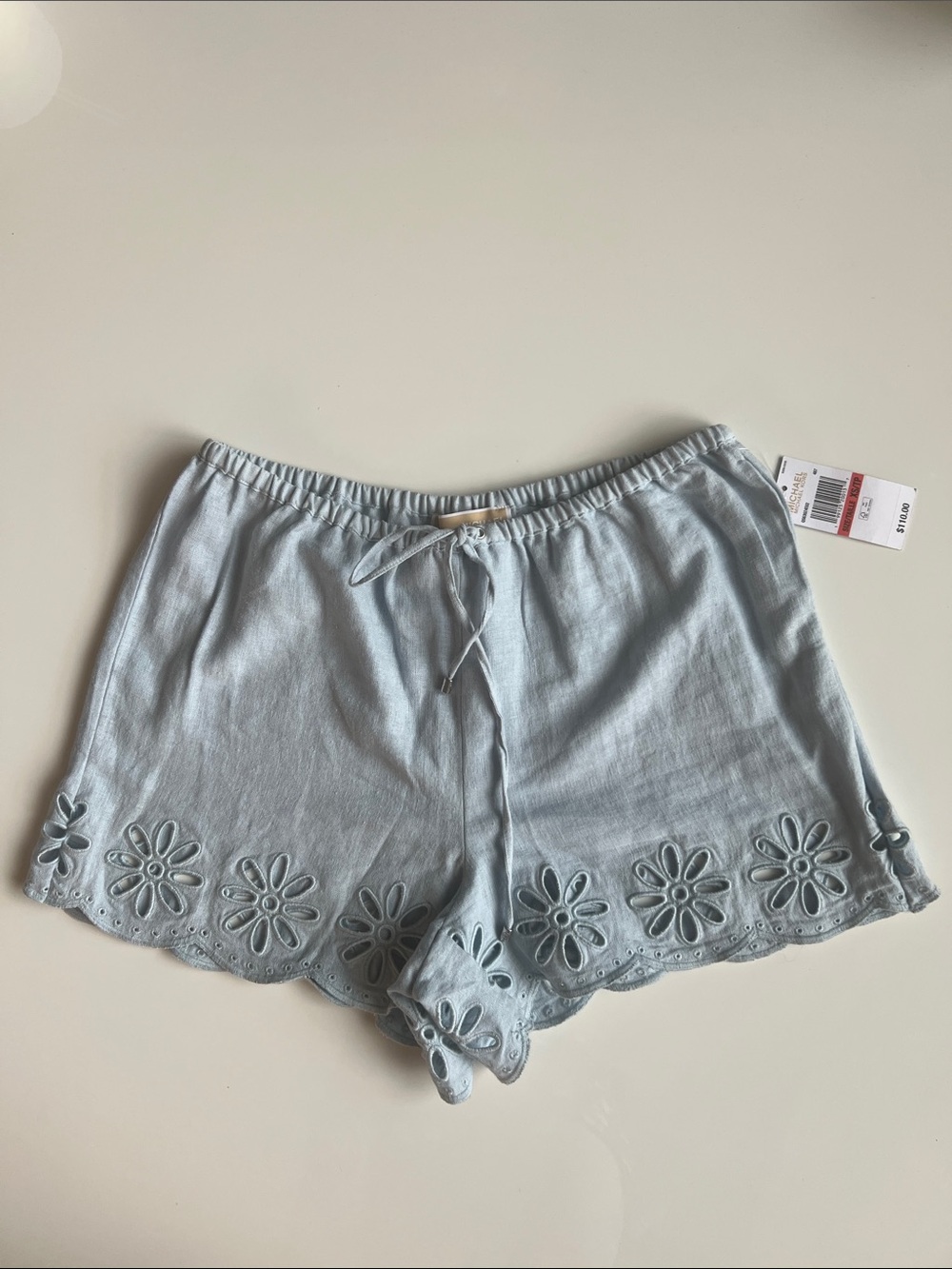 Michael Kors Light Blue Eyelet Embroidery Scallop Hem Pull-On Shorts